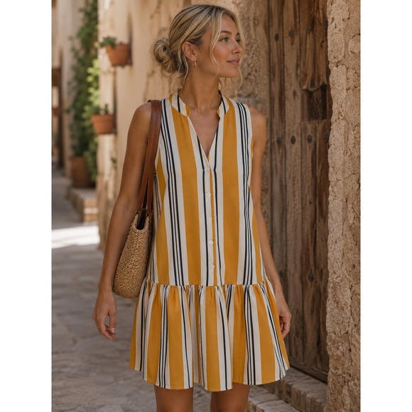 Nine West Dresses & Skirts - Nine West Striped Dress Medium Mustard White Sleeveless Drop Waist